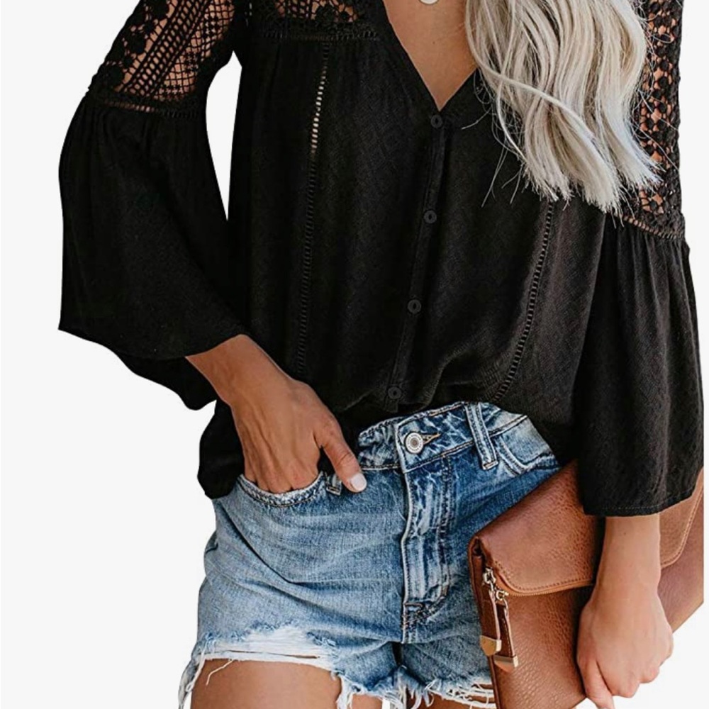 Canikat cute lace crochet flower bell sleeve button down t-shirt blouse
